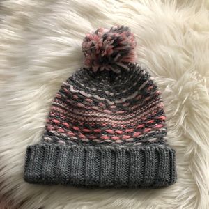 Grey and Pink Pom Pom Hat